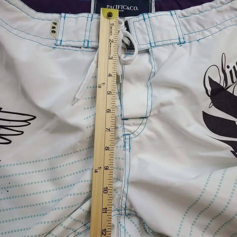 Pacific & Co Miami Board Shorts White Green Skull Surf Swim Trunks Mens 32